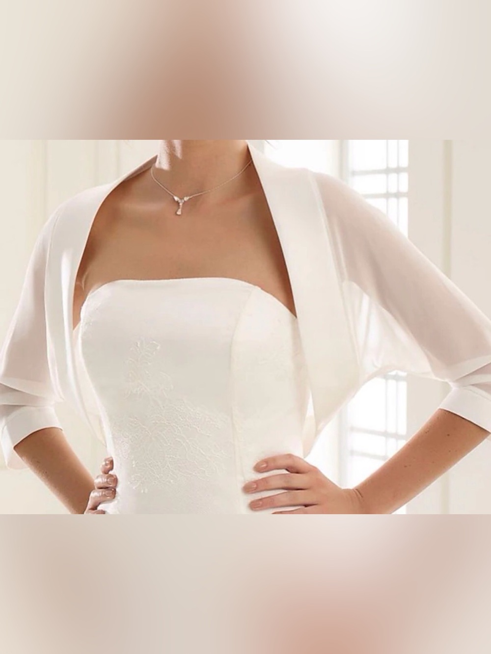 BEATRICE B. White Sparkle Ribbed 3/4 Sleeves Bolero Shrug Cardigan